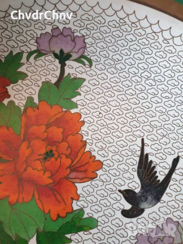 Cloisonne 26см/Клоазон-Клозоне стара голяма китайска купа/поставка ръчна дърворезба, снимка 6 - Други - 46578938