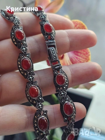 Винтидж сребърен комплект с Карнеол и марказити, снимка 2 - Колиета, медальони, синджири - 53905837