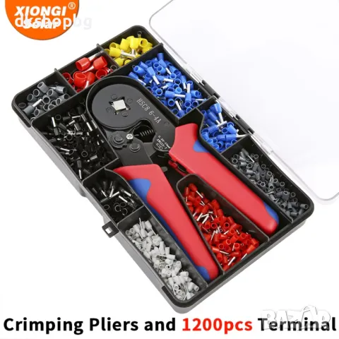 4391 Инструмент за кримпване HSC8 6-4A с комплект от 1200 накрайника и прозрачна кутия за съхранение, снимка 2 - Други инструменти - 48987802