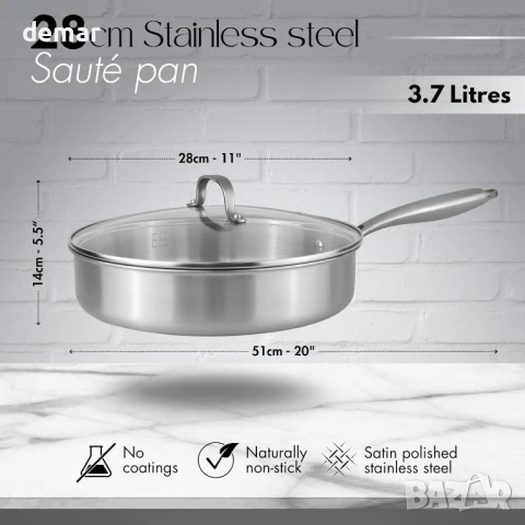 Тиган от неръждаема стомана nuovva със стъклен капак – индукционен котлон, незалепващ тиган – 28 см, снимка 2 - Съдове за готвене - 51168361