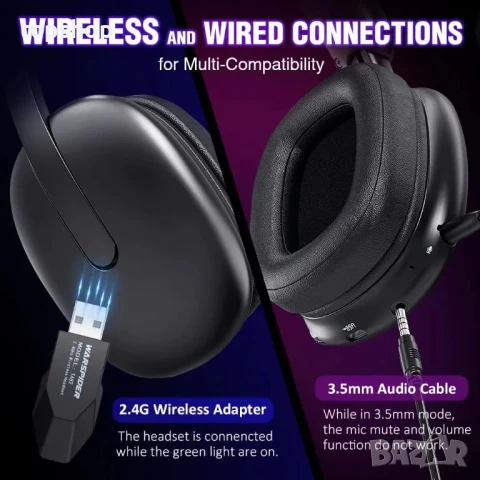 TA82 Безжични геймърски слушалки с подвижен шумопотискащ микрофон за PS5 PS4 PC, 2,4 GHz USB Dongle, снимка 6 - Bluetooth слушалки - 50525117