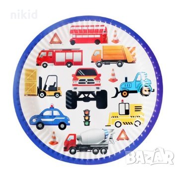 Багер камион джип пожарна кран машини превозни 8 бр парти чинии картонени