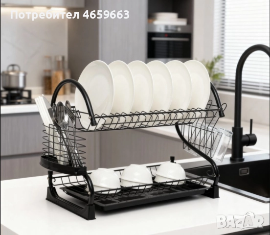 Двуетажна сушилня за съдове Ruhhy, неръждаема стомана, поставка за чаша и тава за отцеждане