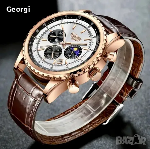 Мъжки класически, луксозен хронограф LIGE *Елегант* Аристократично златист металик !, снимка 3 - Мъжки - 49621415