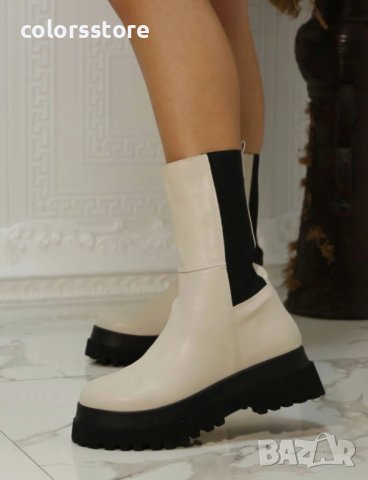 Равни боти - бежова кожа с черно ходило - NB22, снимка 2 - Дамски боти - 39061502