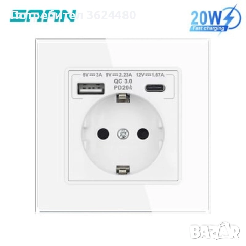 LUX USB Контакт с Бързо Зареждане 20W USB AплюсC, Бял Стъклен Панел, снимка 5 - Други стоки за дома - 52403814