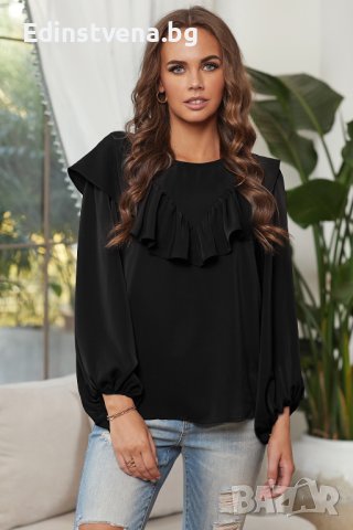 Дамска блуза в черно с дълъг ръкав и къдрички, снимка 17 - Блузи с дълъг ръкав и пуловери - 40698207