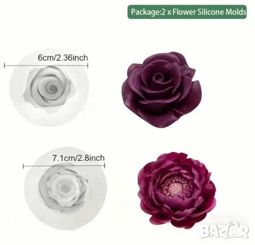 Комплект 2 молда роза и божур, снимка 2 - Форми - 54110443