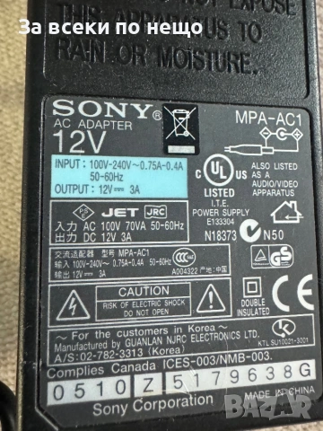 Зарядно SONY MPA-AC1 AC DC ADAPTER 12V 3A ЗАХРАНВАНЕ, снимка 3 - Кабели и адаптери - 53940398