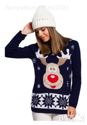 Тъмносин дамски пуловер с коледни мотиви MXS04, снимка 3 - Блузи с дълъг ръкав и пуловери - 48119319