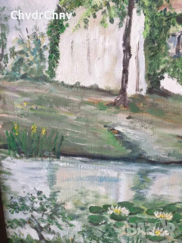 94х74см наивизъм/голяма картина масло върху платно/къща-дървета-река/1979/дървена рамка, снимка 5 - Картини - 50852908