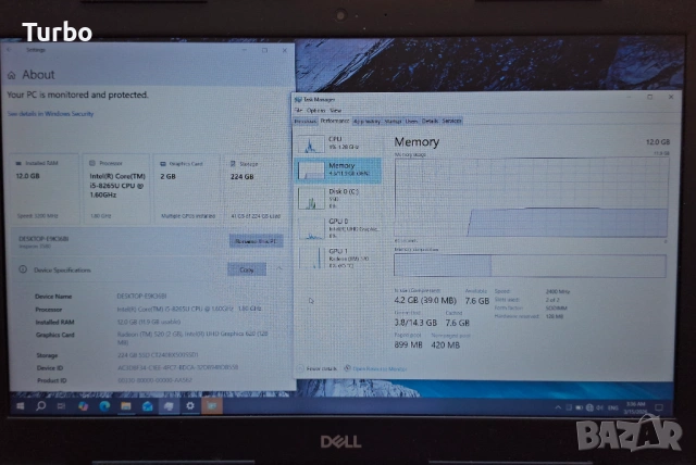 15.6' Dell Intel Core i5-8265u/12GB/AMD Radeon 520 2GB GDDR5/256GB SSD, снимка 6 - Лаптопи за дома - 54208571