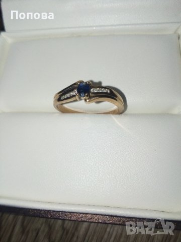 Фирмен златен пръстен с диаманти и сапфир, снимка 1 - Пръстени - 37823739
