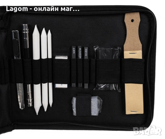 Професионален комплект за скициране 32 части в калъф – моливи, въглен, гуми и аксесоари, снимка 5 - Други - 52561137