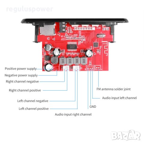 МП 3 плеър за вграждане 2*60W с Bluetooth 5.0, DC 8V-24V, папки, SD card, Fm, USB, AUX in, снимка 2 - Аудиосистеми - 40670626