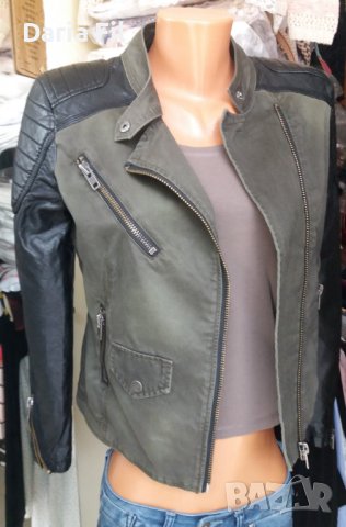 Дамско яке в зелен деним с черни кожени ръкави , снимка 7 - Якета - 39877591