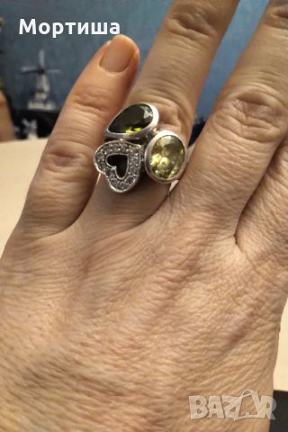  Масивен сребърен пръстен със зелен цитрин емералд  и бял циркон, снимка 2 - Пръстени - 30108611