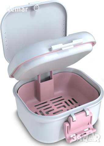 BVN херметична кутия за съхранение и почистване на протези с филтър за пътуване (бял+розов)