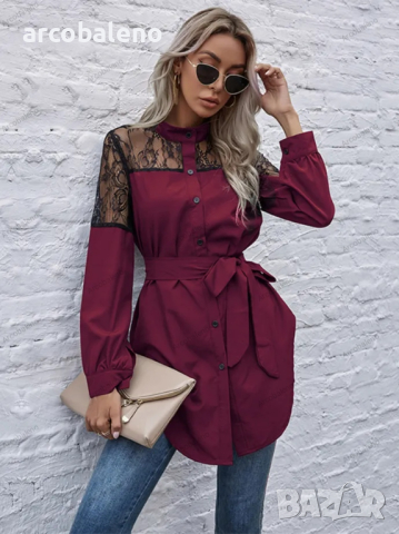 Дълга кръгла яка, дълги ръкави и талия, дамска дантелена риза, 4цвята , снимка 11 - Ризи - 44784483