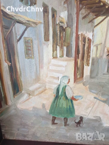 Kazakos 82х67см Казакос/голяма стара гръцка картина масло върху платно/възрожденски къщи/дърворезба, снимка 3 - Картини - 51404425