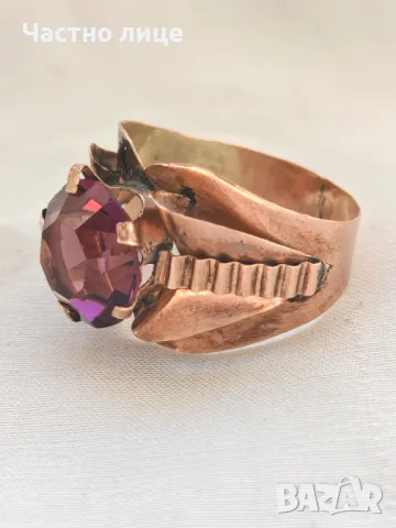 Старинен Дълбоко Позлатен Ювелирен Пръстен с Аметист 1930те г, снимка 2 - Антикварни и старинни предмети - 50337796