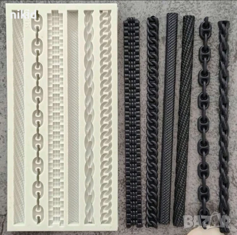 6 вида ланец въже верига верижка каишка борд кант силиконов молд форма фондан шоколад гипс декор, снимка 2 - Форми - 50900426