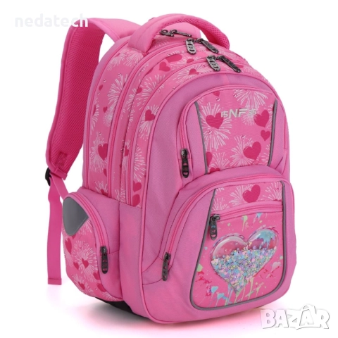 Ученическа раница 15NF36 сърца, Розов, 30x19x45см., снимка 2 - Раници - 51531630