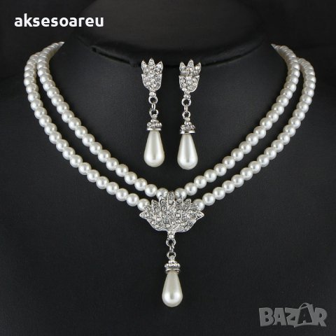 Елегантни комплекти булчински бижута със симулирана перла, КОЛИЕ+ОБЕЦИ, Сватбени комплекти бижута за, снимка 14 - Колиета, медальони, синджири - 37659814