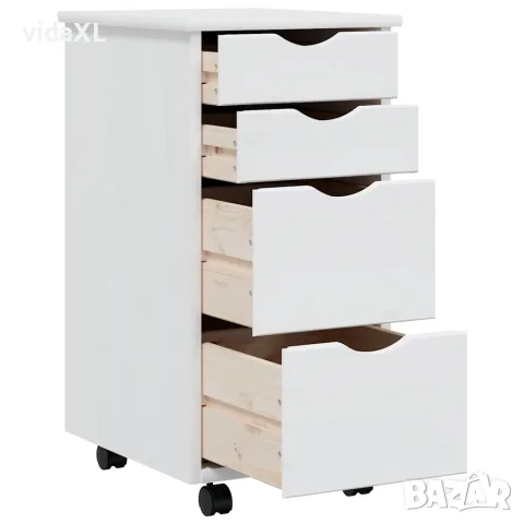vidaXL Шкаф с чекмеджета на колелца MOSS, бял, бор масив, снимка 4 - Шкафове - 56147337
