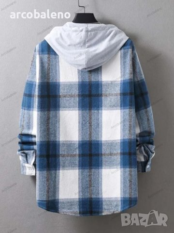 Ежедневна мъжка карирана риза (яке) с качулка, 5цвята, снимка 5 - Ризи - 42760268