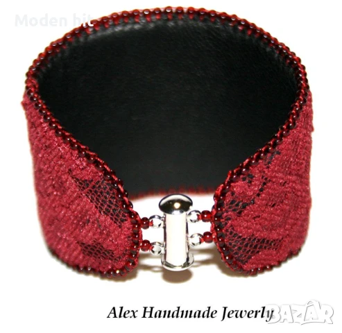 Ръчна изработка. Гривна с дантела и бродерия с мъниста /червено и черно/ , снимка 5 - Гривни - 50730716