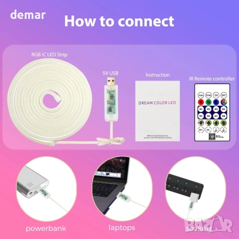 FWoche LED неонова въжена светлина 5M, RGB IC светлинна лента Bluetooth приложение и IR дистанционно, снимка 4 - Лед осветление - 52128873