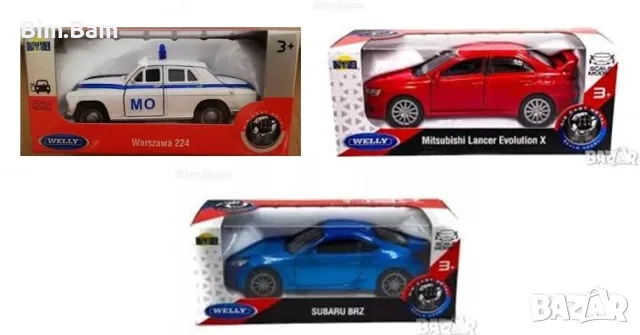 Колекционерска метална количка Warszawa 224 / Mitsubishi Lancer Evolution X / SUBARU BRZ / WELLY