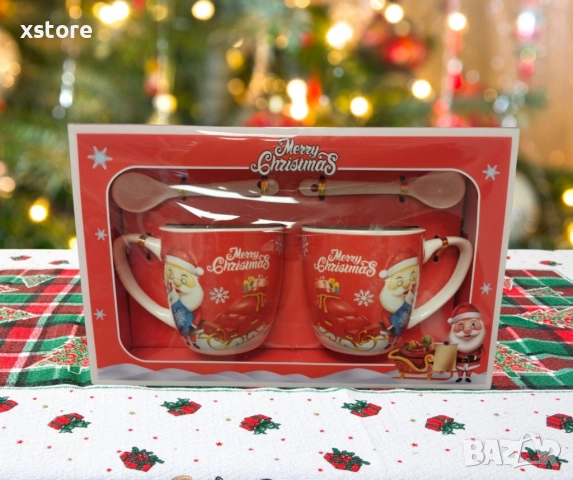Комплект от 2 керамични чаши с лъжица, коледна тематика, опаковани в подходяща кутия, снимка 5 - Чаши - 52793256