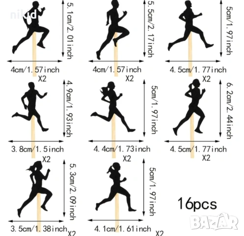 16 бр Бягане Ориентиране Атлетика картонени брокатени топери декор за торта мъфини кексчета украса, снимка 2 - Други - 53136092