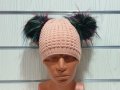 Нова зимна розова дамска шапка с 2 цветни помпона/пуха , снимка 7