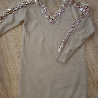 Бежов ефектен пуловер туника, снимка 2 - Блузи с дълъг ръкав и пуловери - 38450661