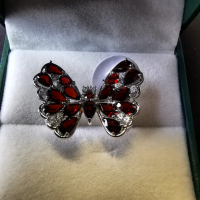 Сребърен 925 пръстен - Пеперуда с Родиево покритие и Натурални Гранати и Циркони!, снимка 4 - Пръстени - 44698842