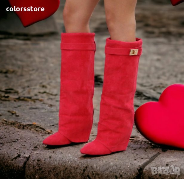 Ботуши на платформа - червен велур - K-40, снимка 1