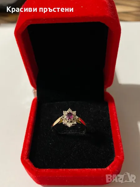 Златен пръстен с 8 диаманта/брилянта и 1 рубин, снимка 1