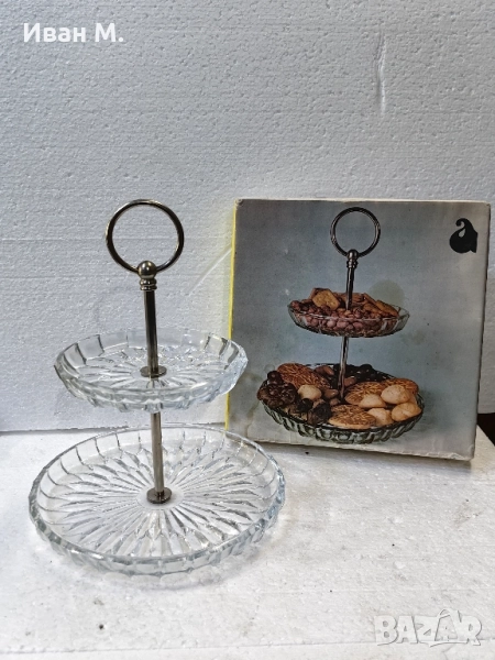 Стар кристален поднос на 2 нива , снимка 1
