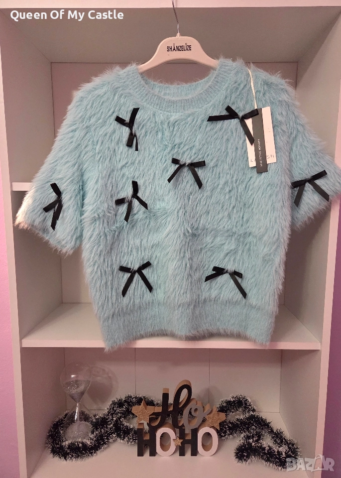 Пухкав дамски пуловер с панделки, снимка 1