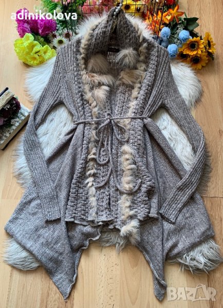 Бежова вълнена жилетка с естествен косъм, снимка 1