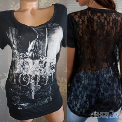 Kapalua M, L - Черна фина тениска  с надписи камъчета и с дантелен гръб , снимка 1