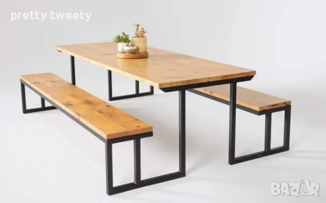 Градински комплект от метал и дърво - маса с две пейки, снимка 15 - Градински мебели, декорация  - 49684646