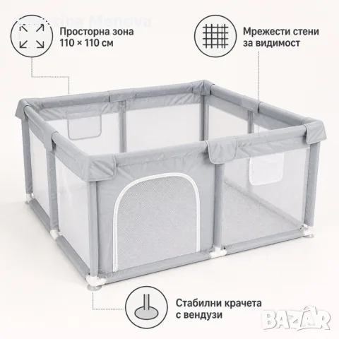 Сгъваема детска кошара за игра 118x118 см с мрежести стени, снимка 4 - Кошарки - 55892032