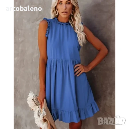 Дамска едноцветна рокля с волани на талията