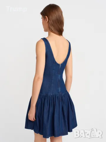 Дънкова мини рокля с плисета в долната част - тъмносиня, снимка 4 - Рокли - 50018280