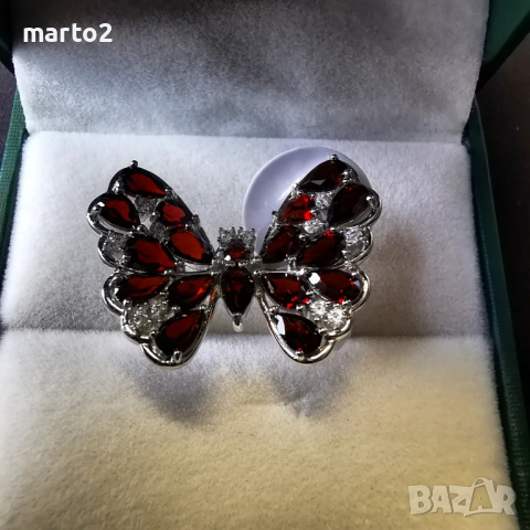 Сребърен 925 пръстен - Пеперуда с Родиево покритие и Натурални Гранати и Циркони!, снимка 4 - Пръстени - 44698842