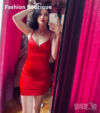  Червена сатенена рокля , снимка 4 - Рокли - 35162625